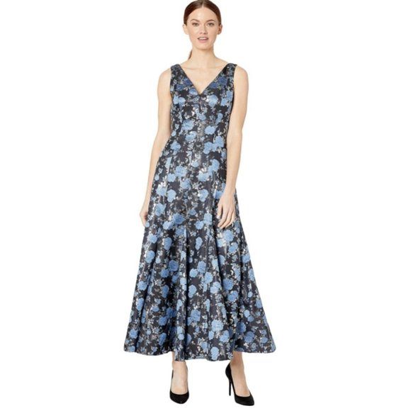 Adrianna Papell Blue Jacquard A Line Dress 8 - Picture 1 of 3